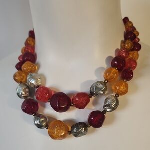 1950's Confetti Vibrant Red and Yellow Beaded Necklace Hook Closure Hong Kong